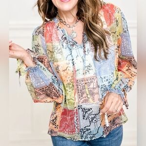 Blue B. Collection NWT Patchwork Bandana Print Sheer Blouse Boho Tie Neck S